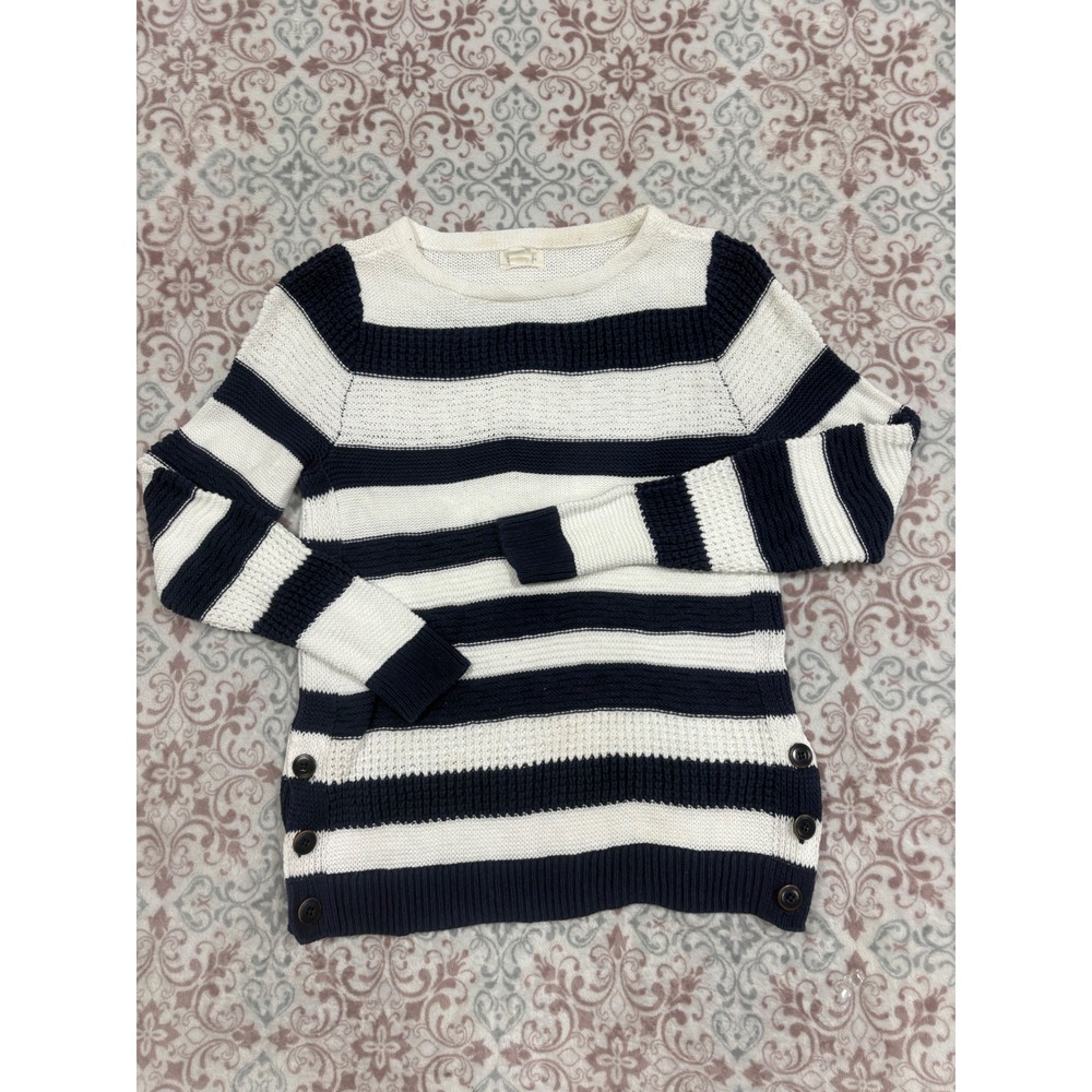 Caslon Navy Blue White Striped Cotton Knit Button Side Sweater XS